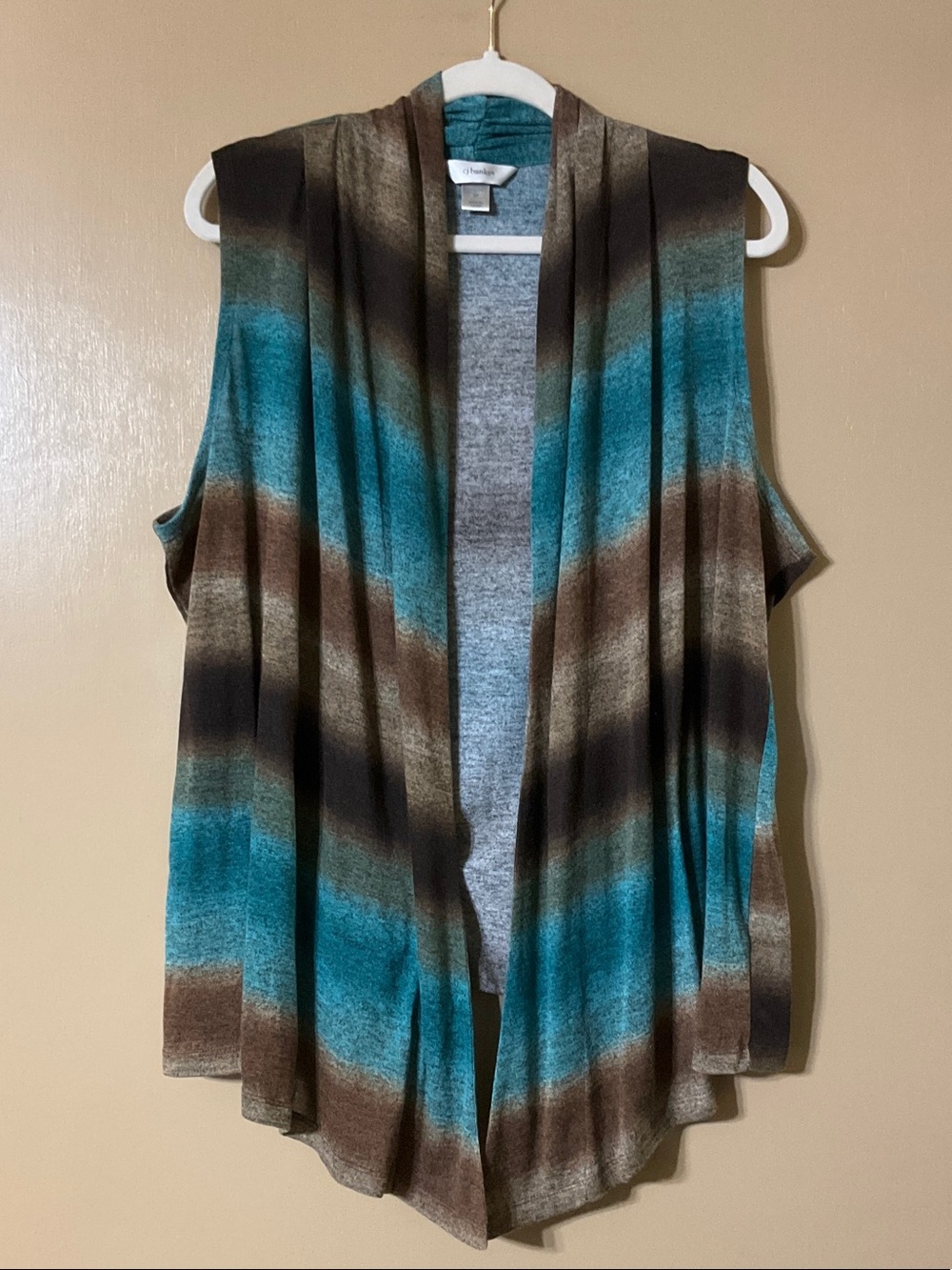 CJ Banks Teal Brown Black Striped Open-Front Sleeveless Cardigan